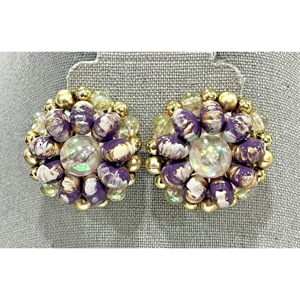 Vintage Purple Gold Beaded Cluster Clip-On Earrings Iridescent Acrylic Statement